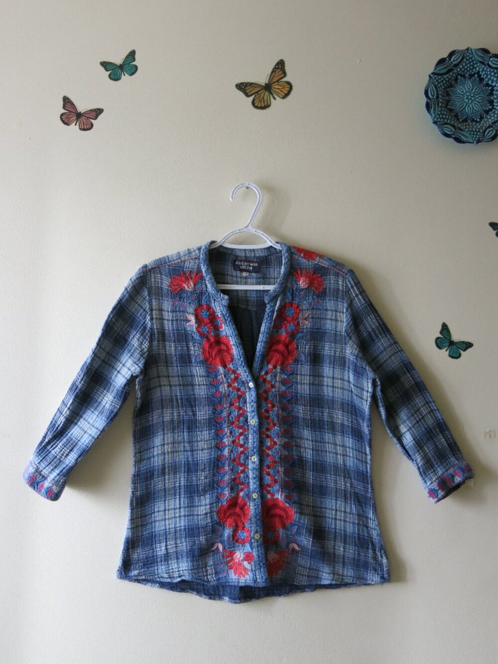 Johnny Was 3J Workshop Red Embroidery Blue Plaid Button Up Bohemian Top Size S